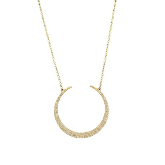 T&R Pave Rhinestone Crescent Half Moon Pendant Chain Necklace Gold Tone Classic - Picture 3 of 6